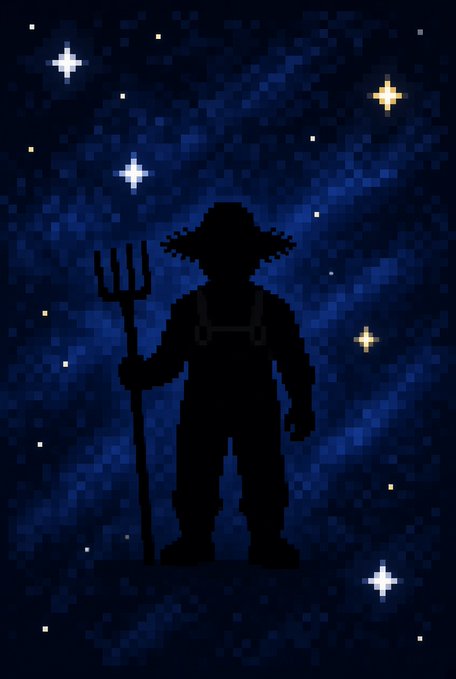 A silhouette of a farmer wearing a wide-brimmed straw hat and holding a pitchfork stands against a pixelated starry night sky, evoking a rustic, countryside aesthetic that aligns with the "Gfarm" theme of the upcoming NFT collection launch on OpenSea.