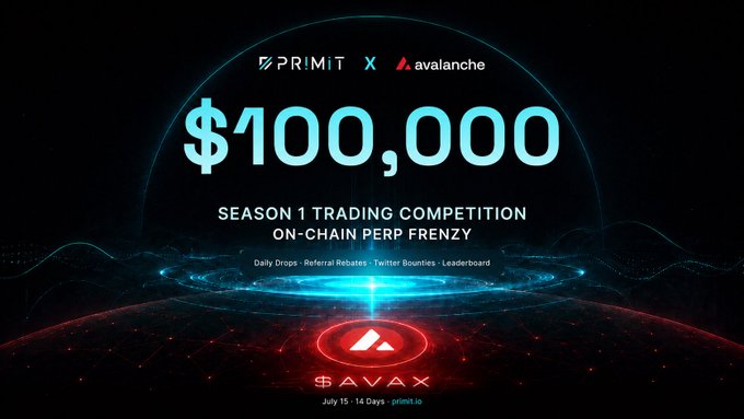A promotional graphic for a $100,000 trading competition titled "Season 1 Trading Competition: On-Chain Perp Frenzy," co-branded by Primit and Avalanche, featuring the AVAX logo and details including "July 15 - 14 Days - primit.io," with mentions of daily drops, referral rebates, Twitter bounties, and a leaderboard. The image visually reinforces the post's announcement of Primit's partnership with the Avalanche ecosystem and the upcoming 14-day competition offering $100K in AVAX rewards.