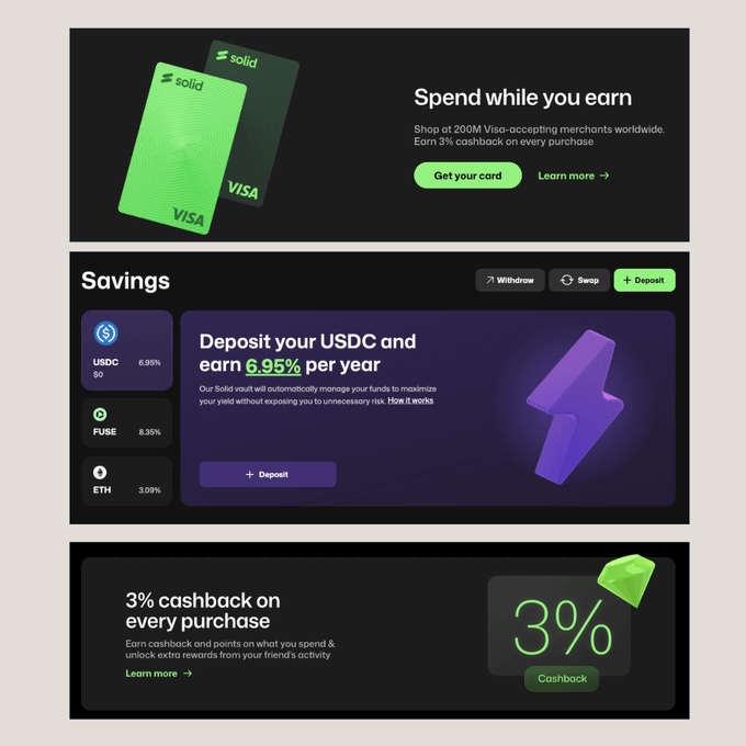 The image shows three different designs for a page about USDC cards, which are designed as a comparison of the design elements with each other (a comparison). The first card has a green background against black text that says "Savings". The second card features a purple background and purple text stating it is an "Ethereum" payment solution. The third card also displays a purple background but has blue text indicating it is related to cashback. These designs help users compare the different cards available in this particular post.