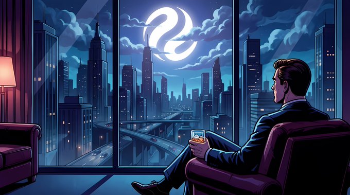 A digital illustration of a man in a suit sitting in a chair, holding a glass and looking out a large window at a nighttime city skyline dominated by a large glowing question mark in the sky.