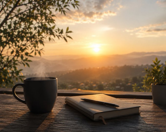A serene sunset scene with a steaming dark coffee mug, a closed notebook with a pen, and a small potted plant on a wooden table, overlooking a mountainous landscape with the sun setting on the horizon.