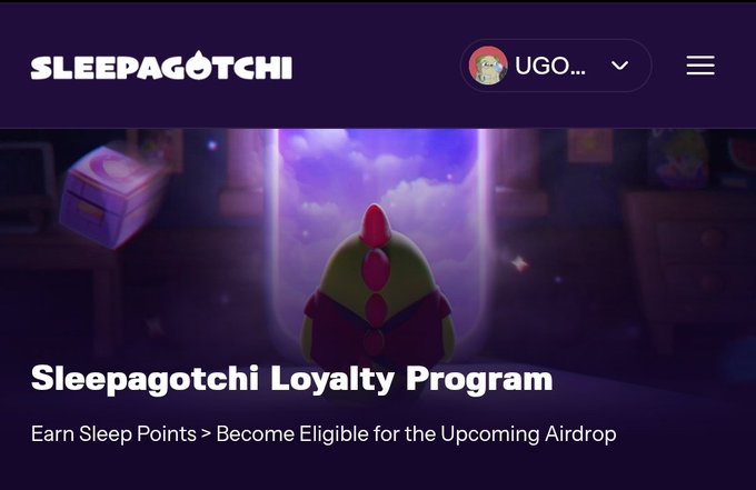 A website header for "SLEEPAGOTCHI" showing a purple-toned scene with a creature sleeping under a blanket, titled "Sleepagotchi Loyalty Program - Earn Sleep Points > Become Eligible for the Upcoming Airdrop," with a user profile dropdown labeled "UGO..." in the top right.