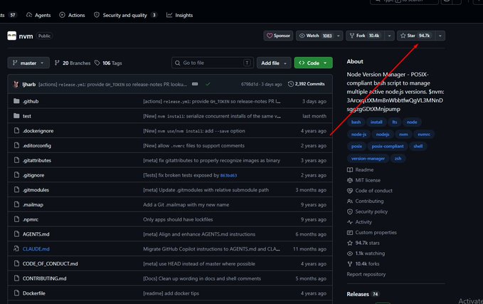 A GitHub repository page for 'nvm' (Node Version Manager), with a red arrow pointing to the 'Star 94.7k' count and another arrow pointing to the README description.