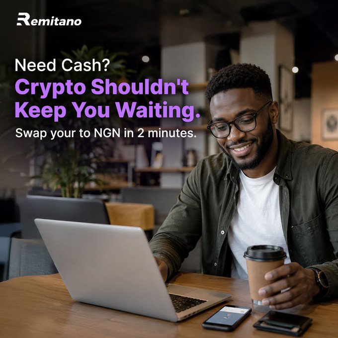 A Remitano advertisement with the headline 'Need Cash? Crypto Shouldn't Keep You Waiting. Swap your to NGN in 2 minutes,' showing a smiling man with glasses using a laptop in a coffee shop setting.