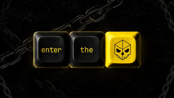 The image shows three keyboard keys reading "enter," "the," and a yellow key with a skull logo, set against a dark background with chains, evoking an escape challenge theme.

The skull icon on the yellow key symbolizes danger and high stakes, while the chains reinforce the "Gulag" theme of confinement and escape, fitting the caption's invitation for early participants to prove themselves in a challenging crypto presale.