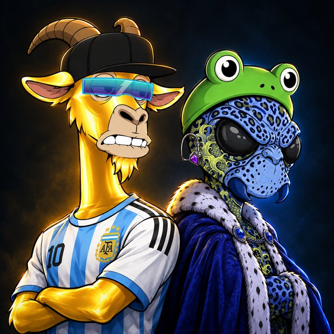 An illustrated digital artwork featuring a yellow goat character wearing an Argentina #10 jersey alongside a blue leopard character in a green frog hat and royal cape.