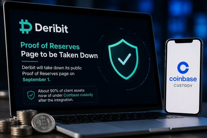 A promotional graphic showing a laptop and phone displaying 'Deribit Proof of Reserves Page to be Taken Down' with Coinbase Custody branding and crypto coins in the foreground.