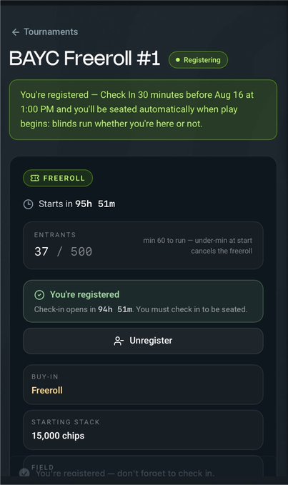 A mobile app screen for a 'BAYC Freeroll #1' poker tournament shows 'Starts in 95h 51m' with '37 / 500' entrants and a '15,000 chips' starting stack.