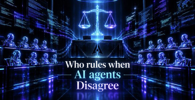 A futuristic digital illustration of a courtroom with AI figures, featuring glowing blue scales of justice and the text 'Who rules when AI agents Disagree'.