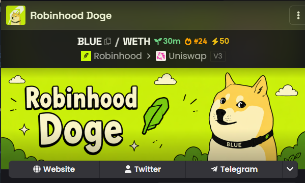 Token page for 'Robinhood Doge' (BLUE/WETH) showing a 30m change of 0%, #24 ranking, and 50 mentions, available via Uniswap V3.