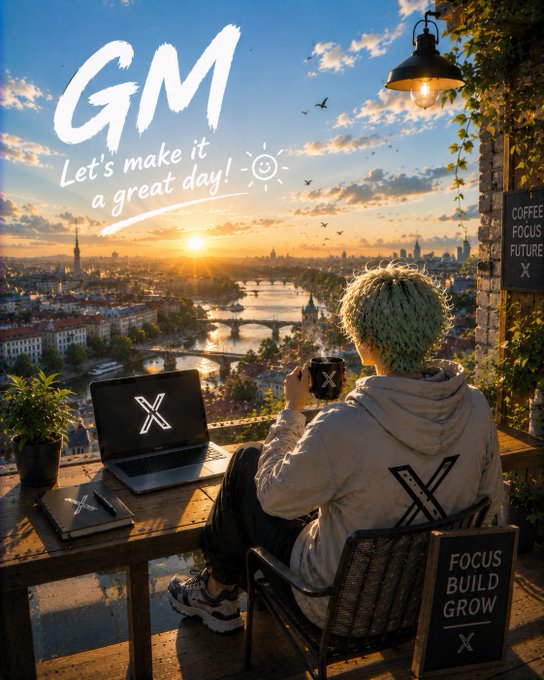 An AI-generated 'GM' (Good Morning) illustration featuring a person with green hair sitting at a laptop and holding a coffee mug overlooking a European city at sunrise, branded with X (Twitter) logos and the text 'Let's make it a great day!'