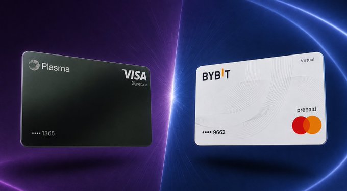 Promotional image featuring two payment cards: a black Plasma Visa Signature card and a white Bybit Virtual prepaid Mastercard.