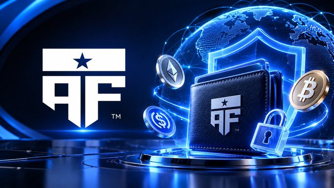 A blue digital promotional graphic featuring the "AF" logo alongside cryptocurrency symbols (Bitcoin, USDC, and Ethereum) orbiting a black wallet secured by a padlock shield on a globe background.