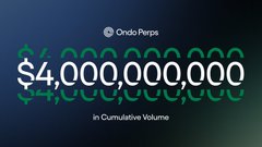 A dark Ondo Perps graphic displays the text '$4,000,000,000 in Cumulative Volume' in large white lettering.