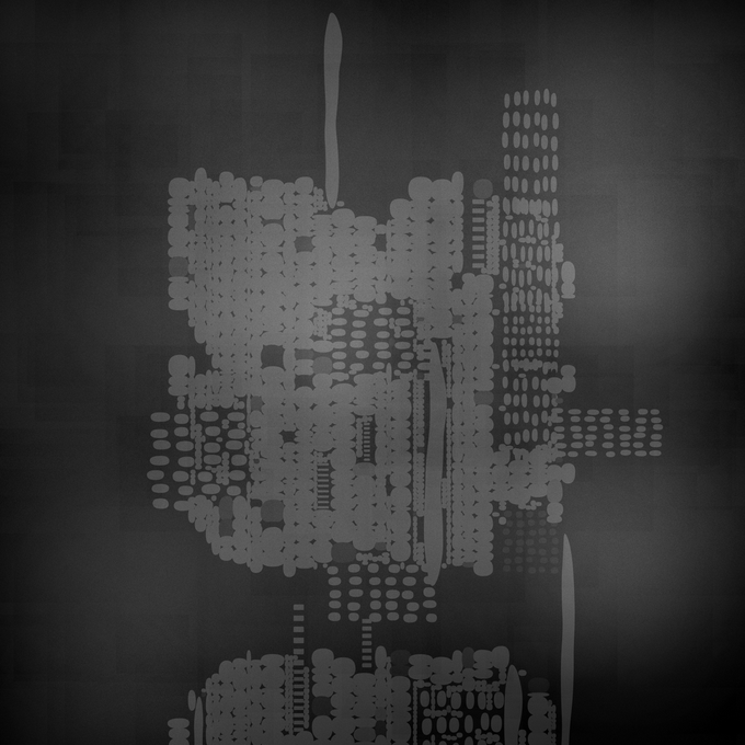 An abstract grayscale artwork featuring dense patterns of dots, circles, and grid-like shapes forming a textured geometric composition with soft gradient lighting.