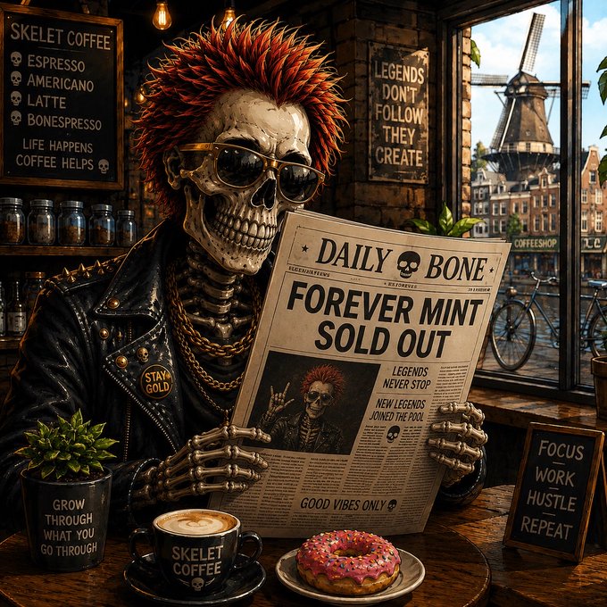 A punk skeleton with red mohawk and sunglasses reads a 'Daily Bone' newspaper with the headline 'FOREVER MINT SOLD OUT' while sitting in a coffeeshop with a donut and coffee.