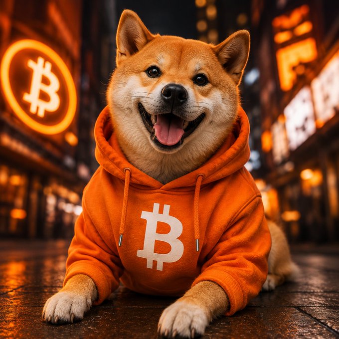 A smiling Shiba Inu wearing an orange hoodie featuring a Bitcoin "₿" logo, with a glowing Bitcoin sign in the background on a nighttime city street. The dog's cheerful "GM" energy ties into the post's "$DOG" greeting, with the Bitcoin elements adding a crypto flair to the good morning message.