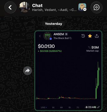 A Telegram chat screenshot showing a message with a crypto chart for the token ANSEM ("The Black Bull") priced at $0.0130, with a $13M market cap and significant recent price increase.