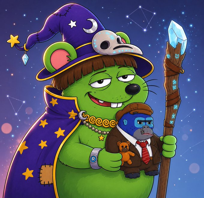 A cartoon illustration of a green bear-like character dressed as a wizard with a purple hat and cloak, holding a crystal staff and carrying a small blue bear in a suit.