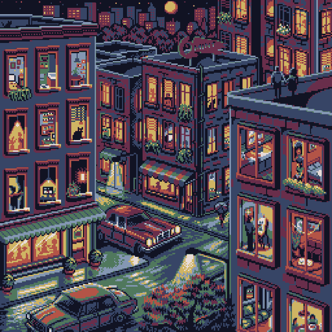This pixel art depicts a cozy nighttime cityscape with warmly lit apartment windows showcasing intimate indoor scenes—including one where a cat gazes out at the moon—alongside a classic red vintage car and a small shop, all rendered in a charming, nostalgic aesthetic. The artwork serves as "Day #1103: Nighttime Windows," illustrating the 4-hour countdown to mint this piece on basepaint.xyz.