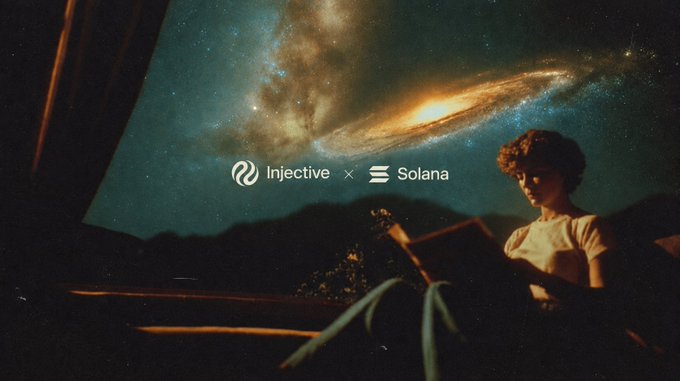 Under a sweeping cosmic sky featuring a glowing spiral galaxy, the logos for **Injective** and **Solana** are displayed side by side with an "x" between them, while a young woman in soft, vintage-lit clothing sits calmly below reading, visually reinforcing the post's message of the newly formed, harmonious cross-chain integration and shared liquidity between the two networks.
