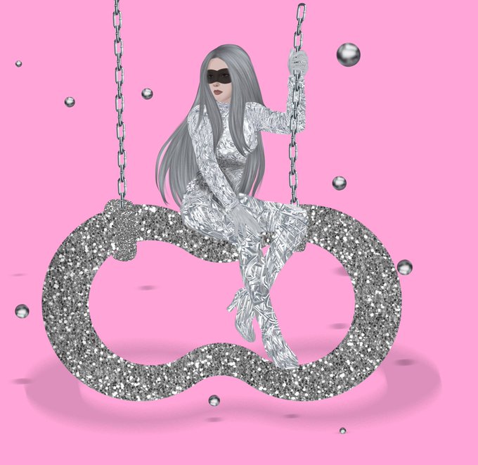 A digital 3D illustration shows a silver-glittery figure with long gray hair and dark sunglasses sitting on a swing made of silver glitter, with floating silver spheres against a pink background.