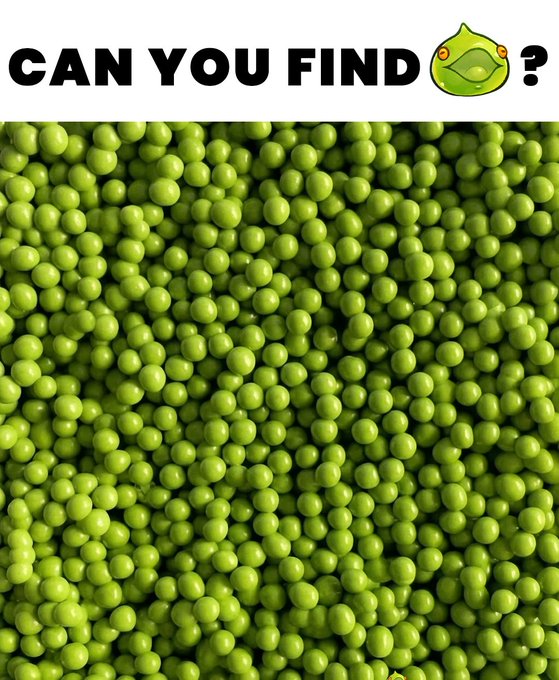 The image features a text banner reading "CAN YOU FIND [frog emoji]?" above a large pile of green peas, with a small frog hidden among them—making it the "impostor" referenced in the caption. The frog blends in with the peas, creating a "spot the difference" visual challenge.