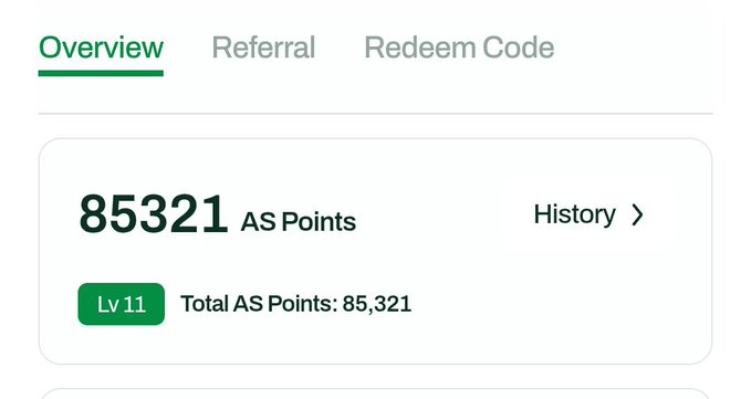 A screenshot of an AllScale.io dashboard showing the "Overview" tab with a balance of 85,321 AS Points at Level 11, supporting the user's claim about people signing up for the airdrop using their referral link.