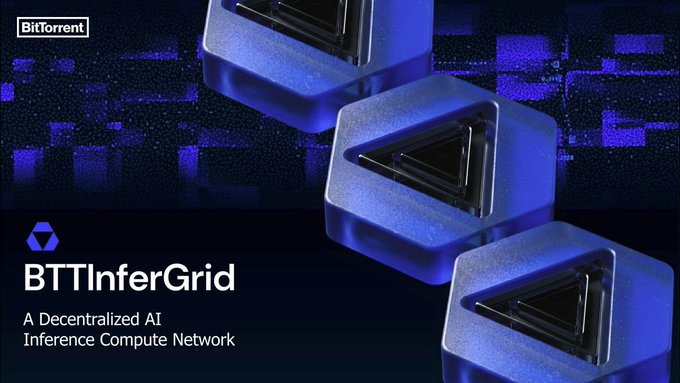 The image features three blue cubes stacked vertically against a dark background, with text below them stating "BITRENT" and "BITTERENT". The text also mentions that BitTorrent has entered the decentralized AI race with the launch of BTTInferGrid, which is an AI inference network designed to utilize unused global GPU resources. This new technology could potentially revolutionize the way AI inference works by making it more accessible and efficient for users.