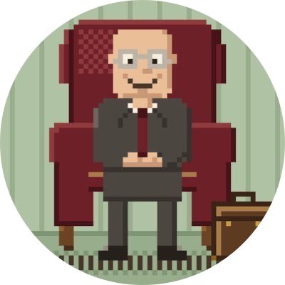 The image shows a pixel art illustration of an older man with glasses sitting in a large red chair, dressed in a dark suit with a red tie. The pixelated style gives him a cartoonish, approachable appearance that complements the post's reference to "The Founder Behind It" @Kingpickle, portraying him as a distinguished OG builder behind The Mutual Fun Pass NFT project.