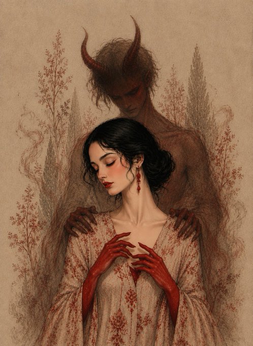 A fantasy illustration depicts a woman with closed eyes and a horned demonic figure behind her, his clawed hands resting on her shoulders.