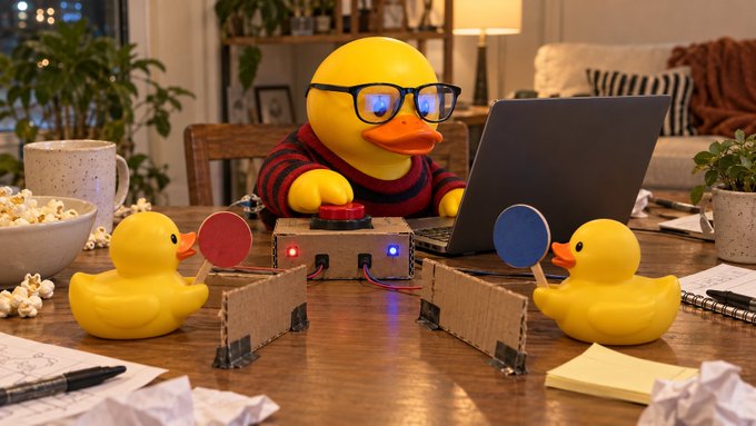 A whimsical scene featuring a large yellow rubber duck wearing glasses and a striped shirt, working on a laptop at a table, flanked by two smaller rubber ducks holding ping pong paddles attached to a cardboard 'pong' setup.