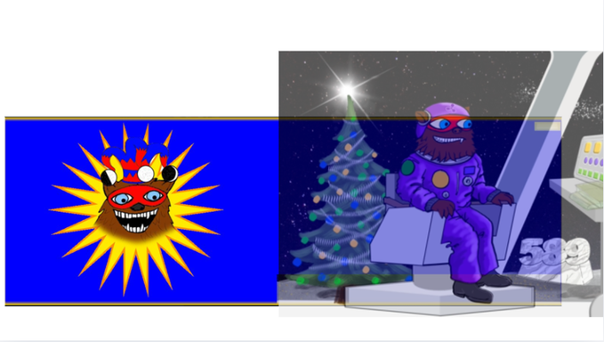 A side-by-side comparison shows a menacing red sun creature with sharp teeth on the left and a bearded astronaut lounging in a chair beside a Christmas tree on the right, suggesting a narrative contrast or thematic connection tied to the "BG123" banner change referenced in the post.