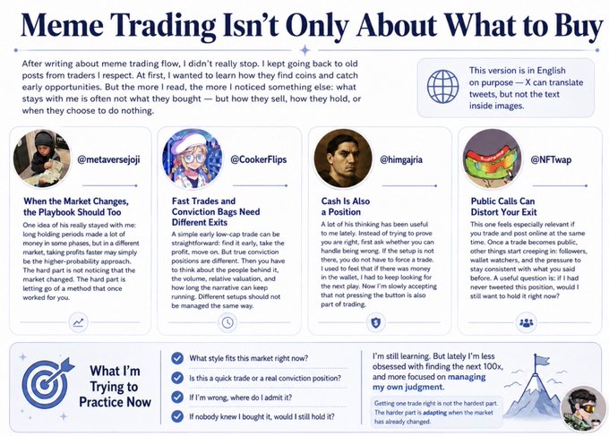 An infographic titled 'Meme Trading Isn't Only About What to Buy' featuring advice from traders @metaversejoji, @CookerFlips, @himqajria, and @NFTWAP about adapting playbooks, managing conviction, and handling public exits.