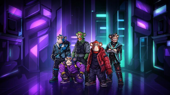 A crew of five cyberpunk-styled apes in tactical gear poses confidently in a neon-lit futuristic alleyway, visually representing the @BoredApeSolClub community as a bold, street-smart collective launching on Rarible.