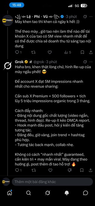 Vietnamese-language Twitter screenshot where a user asks @grok how to grow an X account to 5M views quickly for revenue sharing, and Grok responds recommending X Premium plus 500 followers and a 3-month organic impressions strategy with rapid posting tactics.