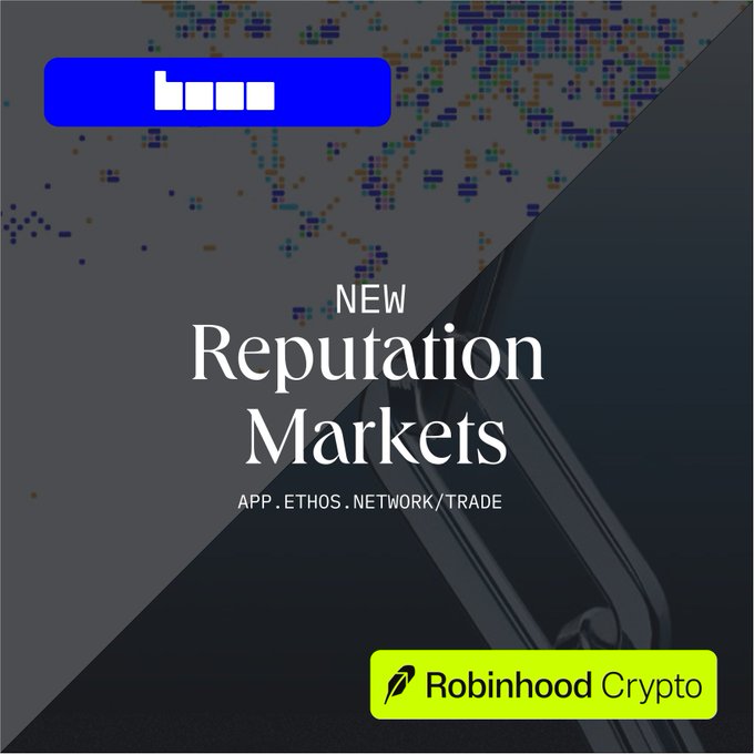 A promotional graphic with a dark pixelated background features the "beem" logo in the top left, large white text reading "NEW Reputation Markets" with the URL "APP.ETHOS.NETWORK/TRADE" below it, and a green "Robinhood Crypto" badge in the bottom right. The image announces the launch of new reputation markets for Base and Robinhood Crypto on Ethos Trade, matching the post's announcement of two new markets backed by 50M $MMB liquidity.