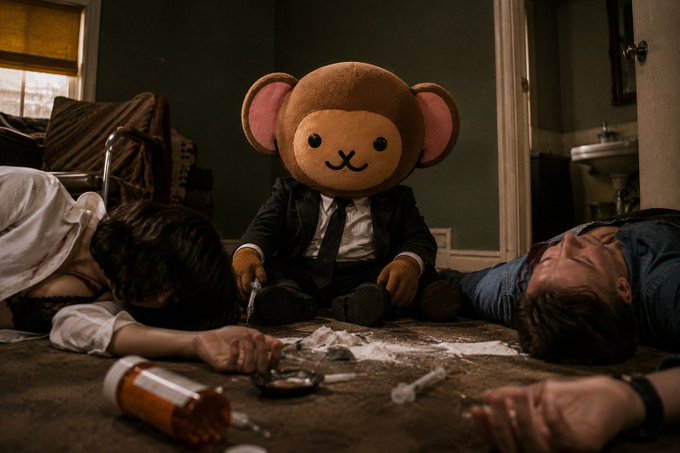 A person in a monkey mascot costume sits between two unconscious people on the floor amid scattered drug paraphernalia, including a pill bottle, spoon, and white powder. The image humorously symbolizes the poster's dismay at a collapsing cryptocurrency chart and feeling forced into the "community" of holders.