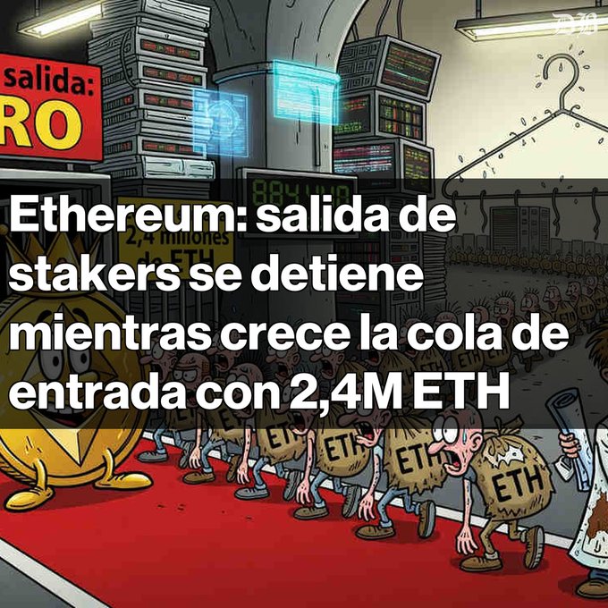 An illustrated cartoon depicting a crowded exit scene with characters labeled 'ETH' features Spanish text reading 'Ethereum: salida de stakers se detiene mientras crece la cola de entrada con 2,4M ETH' alongside a 'salida: RO' sign.