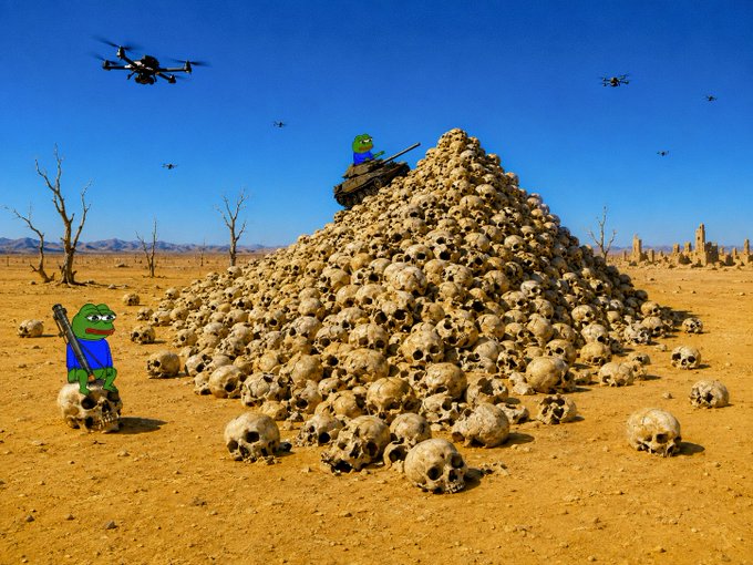 A massive pyramid of human skulls dominates a barren desert landscape, with cartoon Pepe the Frog characters—one holding a gun atop a tank perched on the mound, and another peeking out from a skull in the foreground—while military drones hover overhead, satirizing themes of war, destruction, and recurring violence in this NFT artwork titled "Never Again. Again" (1/1) listed for 800 xtz on @objktcom.