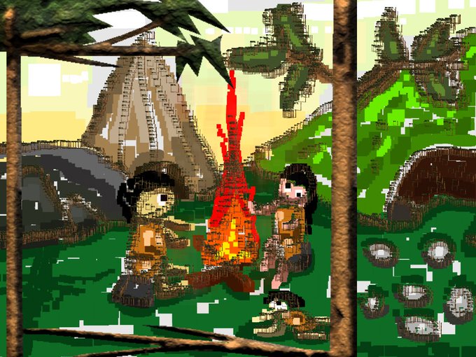 A pixelated prehistoric scene shows two figures sitting by a campfire, with one figure on the left having a single large eye (a cyclops), set against a jungle backdrop with a volcano and a green dinosaur.
