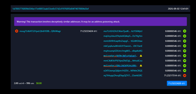 A Bitcoin transaction view showing a warning about address poisoning, with multiple similar-looking addresses and small satoshi amounts to a recipient 'msrq7L46AT32HyeLQhb6YBB...QBtWagr'.