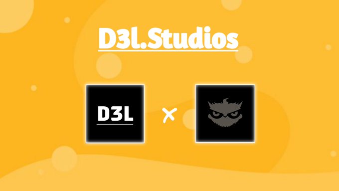 The image features a vibrant yellow background with black text that reads "D3L Studios" and "D3L X". The text is positioned above two squares, one of which has a face drawn on it. The squares are located at the top left corner and bottom right corner of the image.