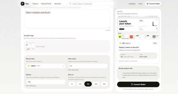 A screenshot of a web interface for creating a token reward, displaying the text 'Launch your token', 'Deploy a token on few.haa!', and showing a payout of '0.1 WETH' worth 'about $244'.