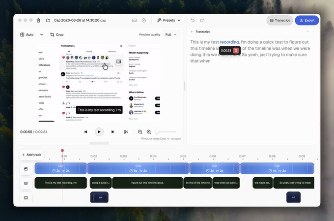 A video editing software interface showing a timeline with clips and a transcript panel, with the test text 'This is my test recording.' visible on the timeline.