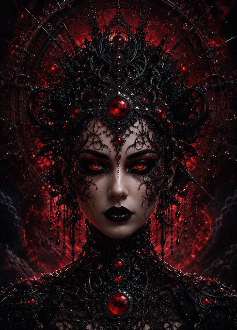 The image features a woman with red eyes, dressed in a black outfit that includes a crown of jewels and a headdress adorned with red jewels. The background is dark and red, which complements her attire. The caption reads "Happy Saturday dear friends New Art On @xrpcafe Born from shadow, silence, and imagination.A bridge between my mind and reality Crimson Eclipse 1.1 $XRP #XRPCOMMUNITY".