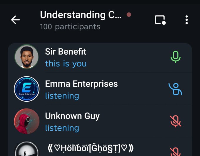 A screenshot of a Google Meet or similar video call titled "Understanding C..." with 100 participants, showing attendees including "Sir Benefit" (you), "Emma Enterprises" (listening), and "Unknown Guy" (listening).