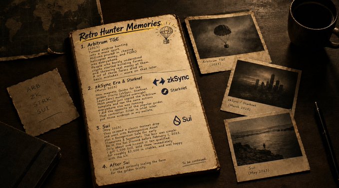 A vintage-style journal page titled "Retro Hunter Memories" lies on a wooden desk alongside sepia-toned photographs labeled "Arbitrum TGE (2023)," "zkSync/Startnet (March 2023)," and "Sui (May 2023)," chronicling the airdrop farming era. The handwritten-style entries reference Arbitrum TGE, zkSync Era & Startnet, and Sui, mirroring the post's nostalgic recap of the crypto airdrop hunting craze, while a coffee mug and scribbled note reading "ARB ZK CIRK SUI" complete the scene.