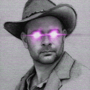 A black and white photo of a man wearing a cowboy hat with bright purple laser beams shooting from his eyes.