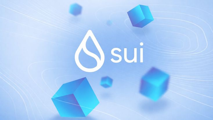 A promotional graphic featuring the white "sui" logo, consisting of a water drop emblem and lowercase text, set against a light blue background with floating translucent blue cubes and wavy line patterns.